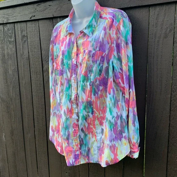 Lane Bryant cotton button down splash color blouse 14/16 - Picture 2 of 6